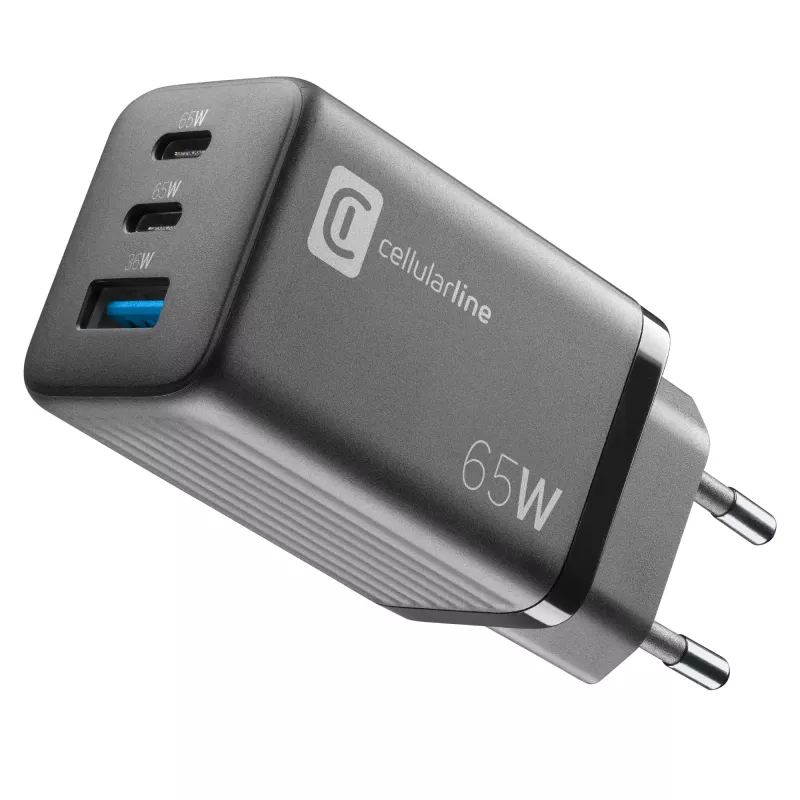 Cellularline Multipower Micro 65W itin kompaktiškas 65W greitasis sieninis įkroviklis su 3 prievadais