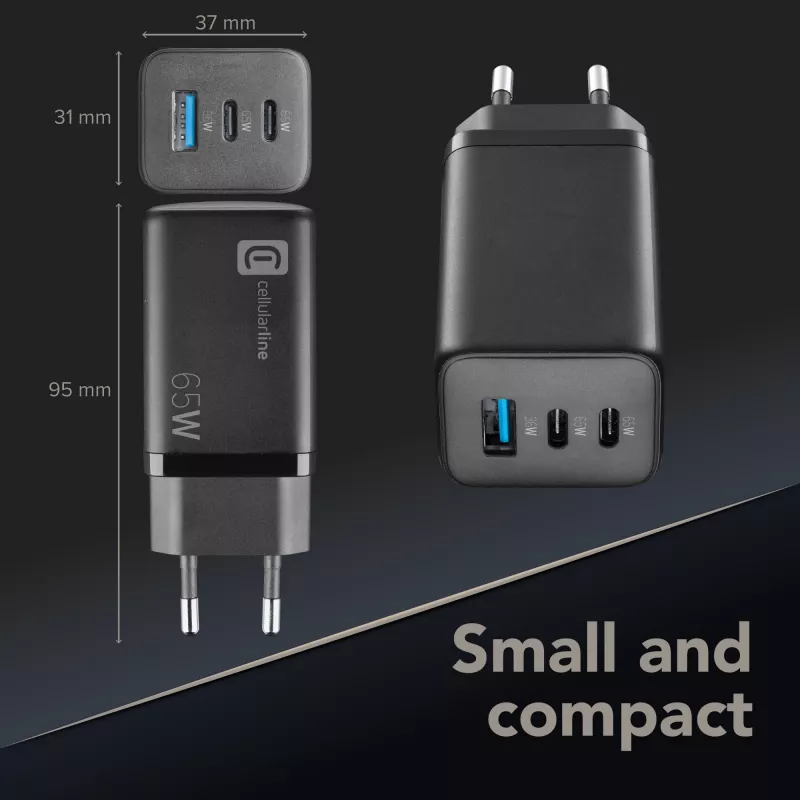 Cellularline Multipower Micro 65W itin kompaktiškas 65W greitasis sieninis įkroviklis su 3 prievadais
