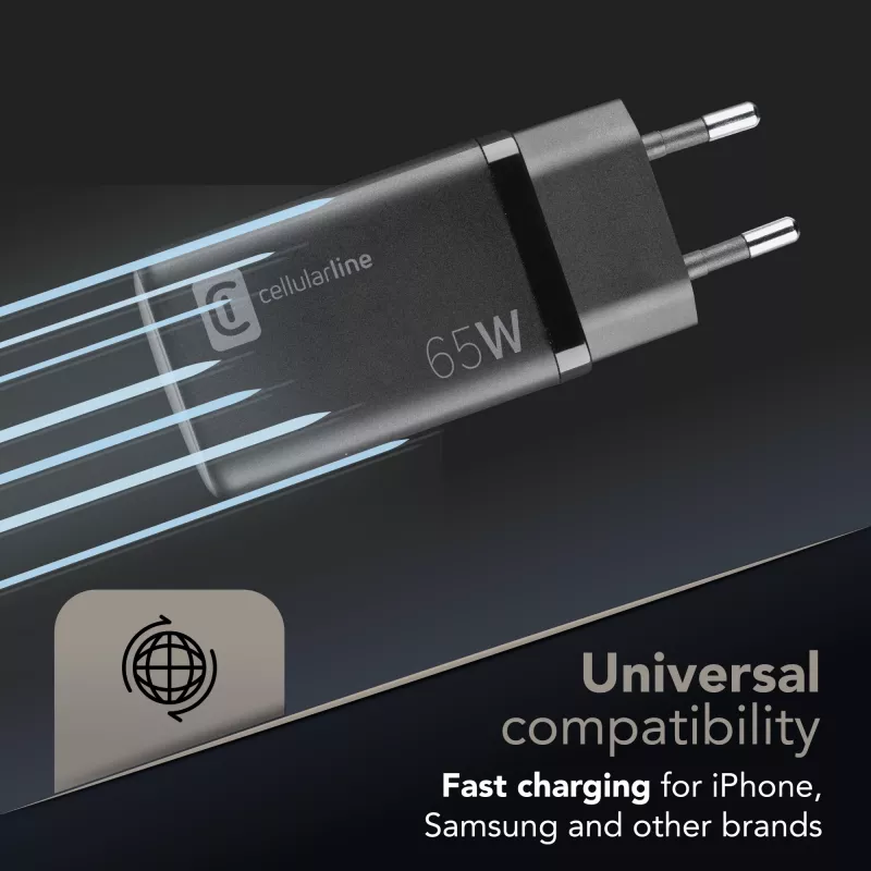 Cellularline Multipower Micro 65W itin kompaktiškas 65W greitasis sieninis įkroviklis su 3 prievadais