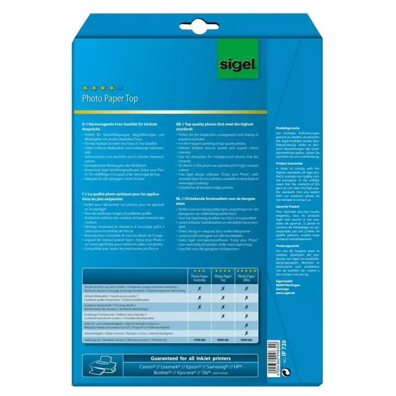 Sigel blizgus nuotraukų popierius InkJet Top A4 190 g/m² 20 lapų