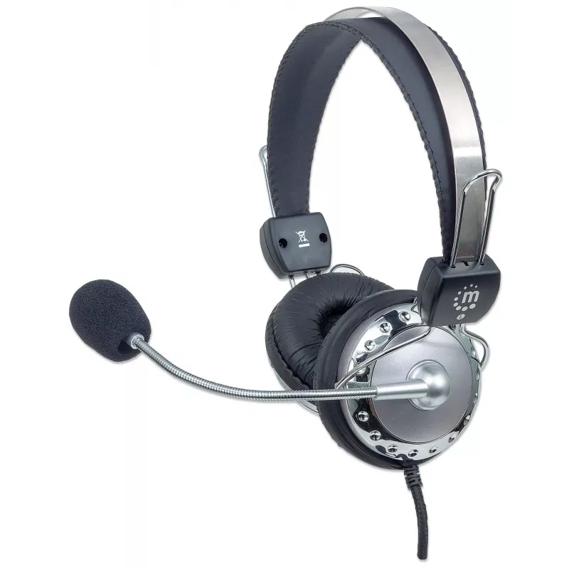 Manhattan Stereo Ausinės su Mikrofonu (3.5 mm), Pridedamas Mikrofonas, Reguliuojamas Plieninis Lankas, Garsumo Valdymas, Ausų Pagalvėlės, 2x 3.5 mm Jungtis Garsui/Mikrofonui, Laidas 2.5 m, 3 Metų Garantija