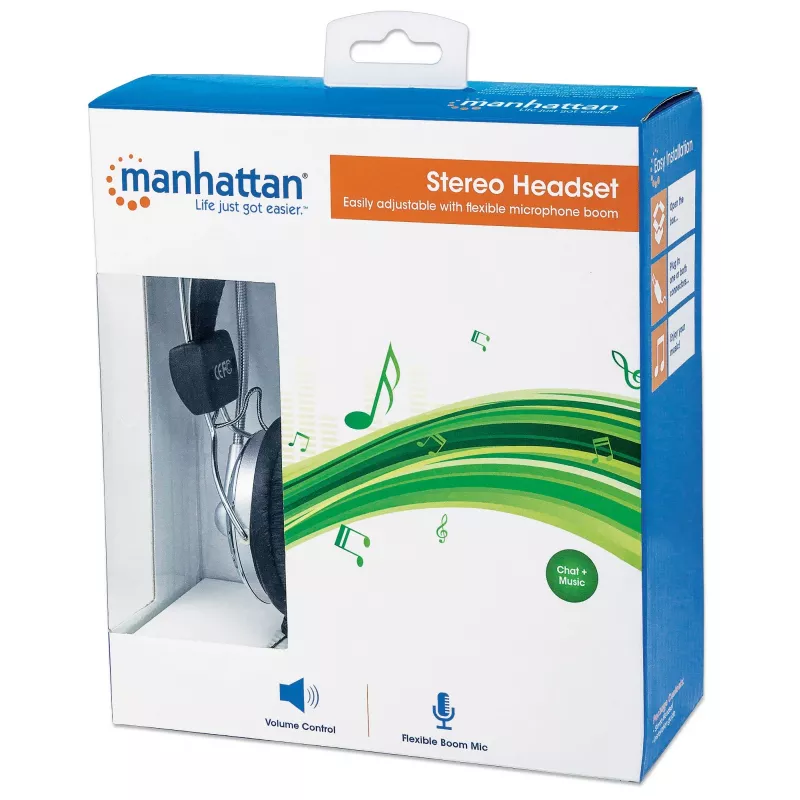 Manhattan Stereo Ausinės su Mikrofonu (3.5 mm), Pridedamas Mikrofonas, Reguliuojamas Plieninis Lankas, Garsumo Valdymas, Ausų Pagalvėlės, 2x 3.5 mm Jungtis Garsui/Mikrofonui, Laidas 2.5 m, 3 Metų Garantija
