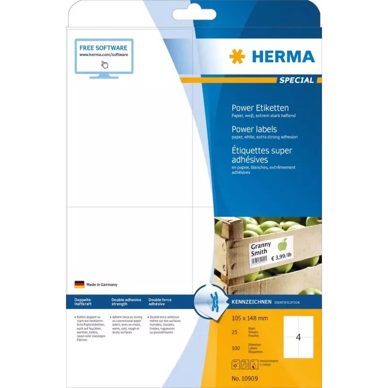 Lipnių etikečių rinkinys HERMA 10909 A4, 105x148 mm, balta, matinė, ypač stiprus lipnumas, 100 vnt.