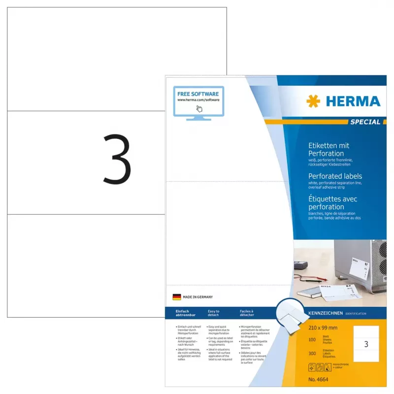 Lipnūs etikečių lapai HERMA 4664 A4 210x99 mm balta perforuota matinė 300 vnt.
