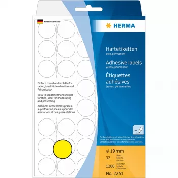 Įvairių paskirčių lipdukai HERMA 1280 vnt apvalūs geltoni 19 mm