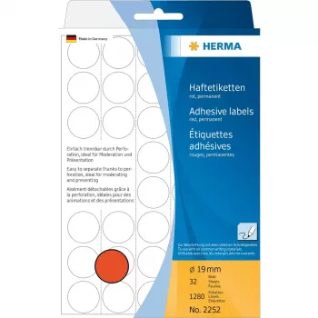 HERMA universalios etiketės 1280 vnt apvalios raudonos Ø 19 mm