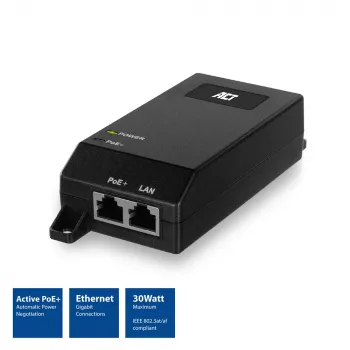 ACT Gigabit PoE+ (30W) Injektorius, Gigabit Ethernet, 10/100/1000 Mbit/s, IEEE 802.3, IEEE 802.3ab, IEEE 802.3af, IEEE 802.3at, IEEE 802.3u, juodas, 30 V, 100–240 V