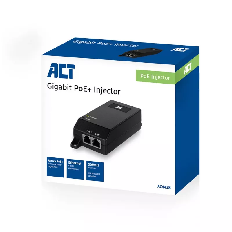 ACT Gigabit PoE+ (30W) Injektorius, Gigabit Ethernet, 10/100/1000 Mbit/s, IEEE 802.3, IEEE 802.3ab, IEEE 802.3af, IEEE 802.3at, IEEE 802.3u, juodas, 30 V, 100–240 V