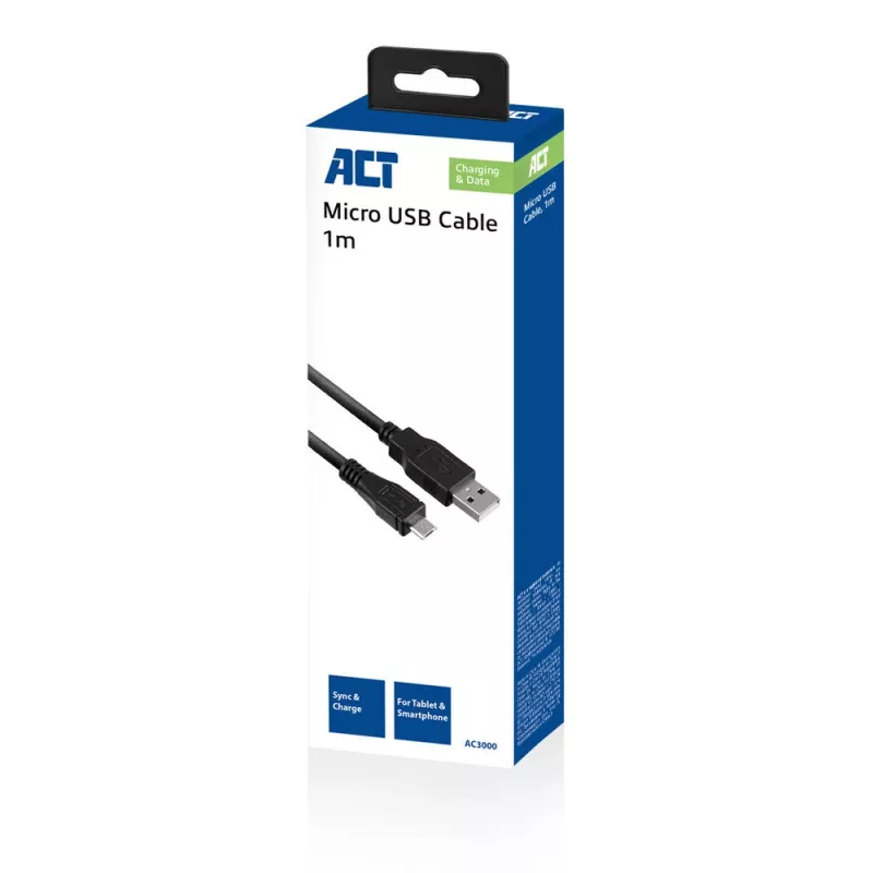 ACT USB 2.0 įkrovimo ir duomenų laidas, USB A kištukas – mikro USB B kištukas, 1 m