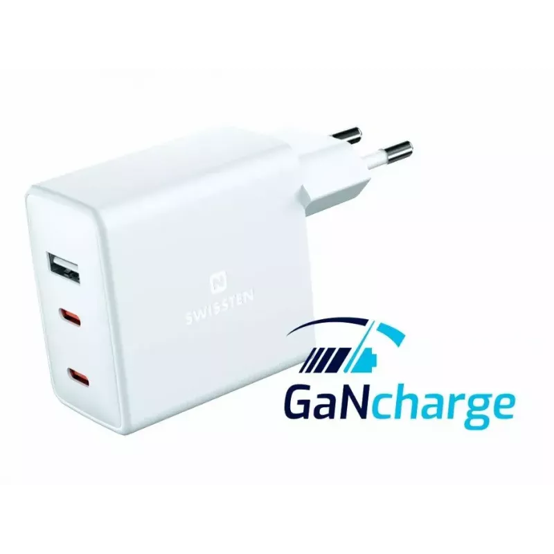 SWISSTEN Travel Charger GaN 70W 2×USB-C greitas įkroviklis nešiojamiesiems kompiuteriams ir telefonams