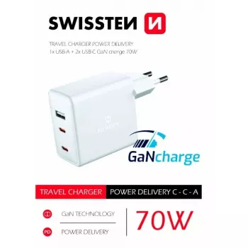 SWISSTEN Travel Charger GaN 70W 2×USB-C greitas įkroviklis nešiojamiesiems kompiuteriams ir telefonams