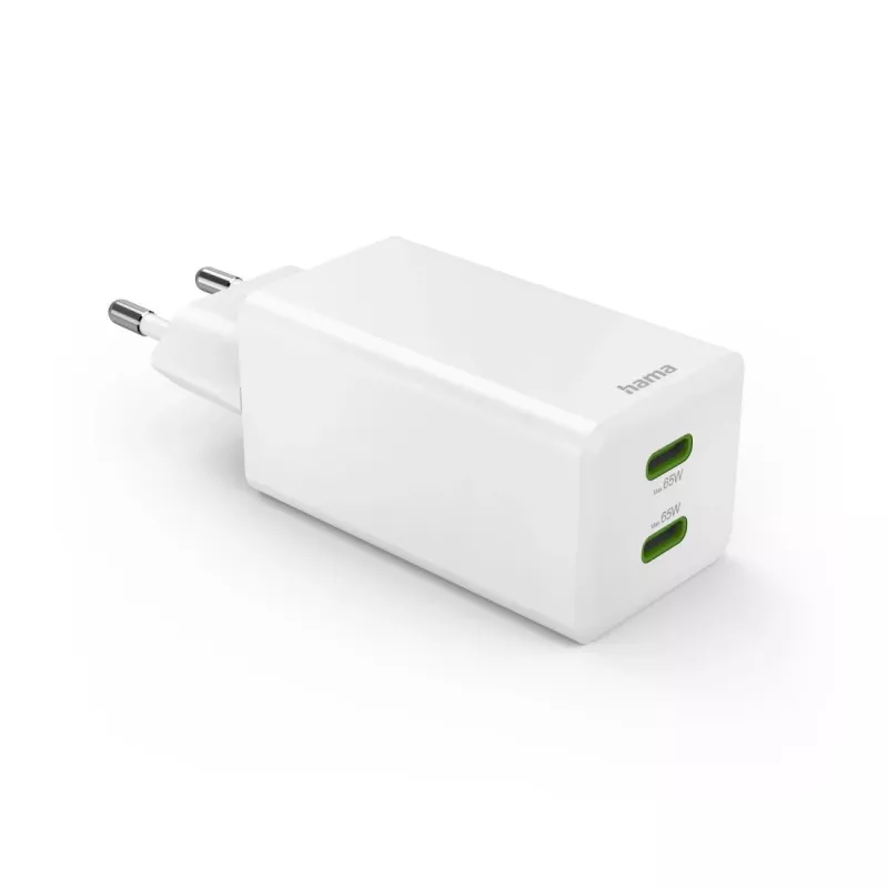 Hama 00201994 65W GaN greitasis įkroviklis su dviem USB-C prievadais, baltas