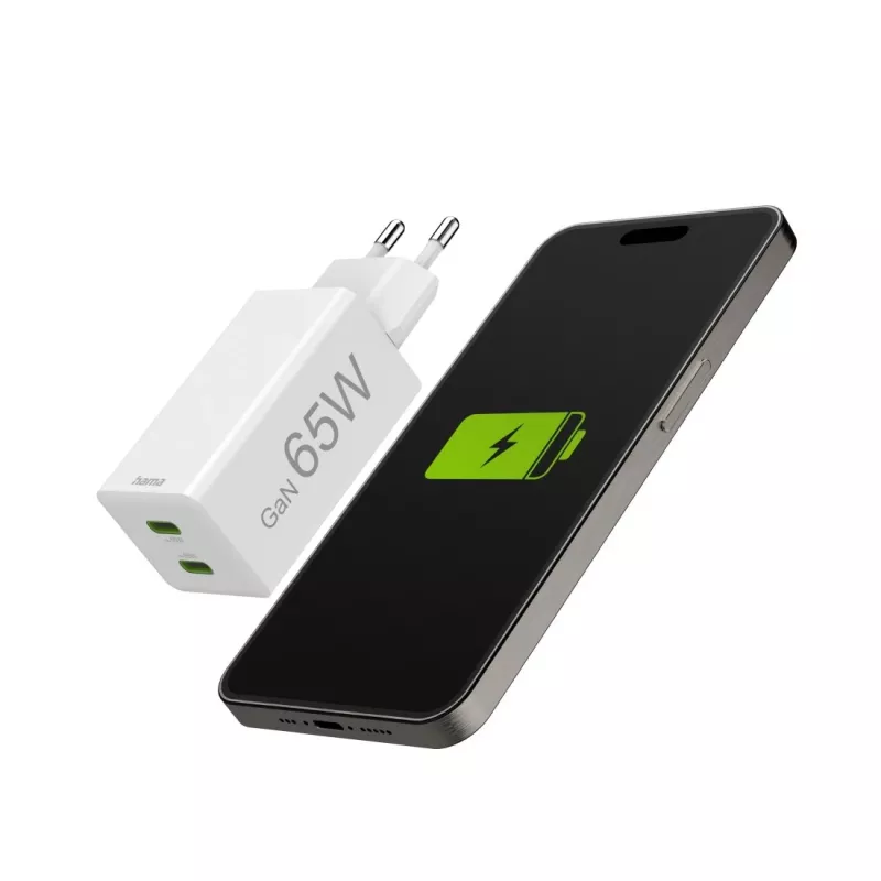 Hama 00201994 65W GaN greitasis įkroviklis su dviem USB-C prievadais, baltas