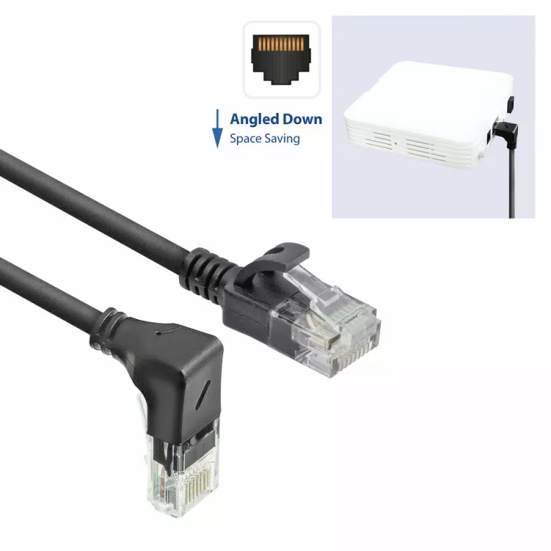 ACT Black 3 m U/UTP CAT6A LSZH plonas pataisymo kabelis su RJ45 jungtimis 90° kampu žemyn į tiesų