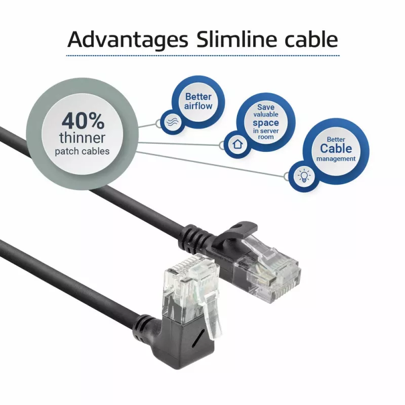 ACT Black 3 m U/UTP CAT6A LSZH plonas jungiamasis kabelis su RJ45 jungtimis 90° kampu į viršų ir tiesia
