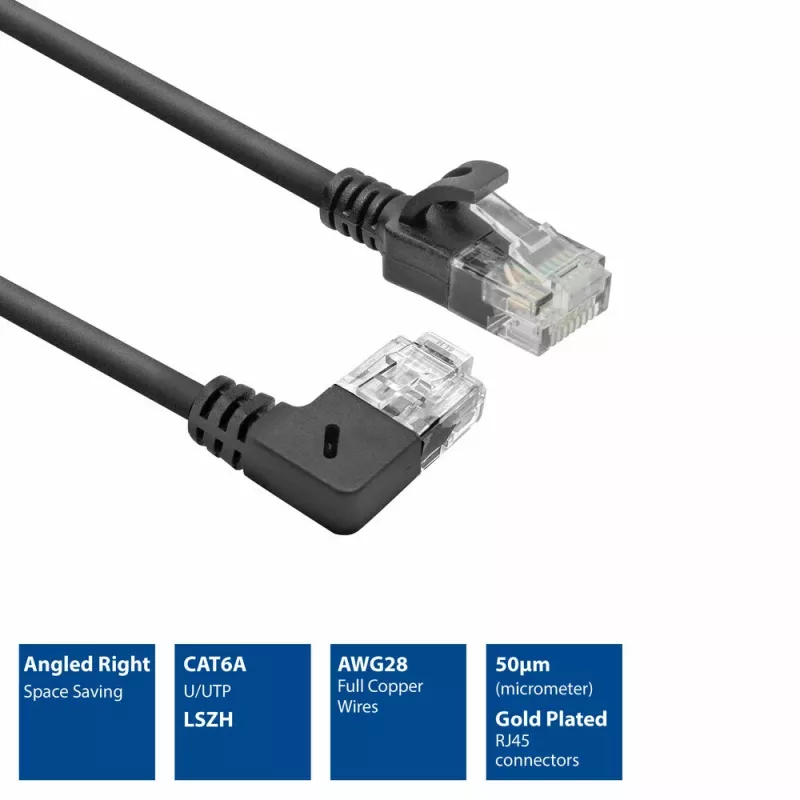 ACT Black 0,25 m U/UTP CAT6A LSZH plonas pataisos laidas su RJ45 jungtimis 90° kampu dešinėn į tiesią