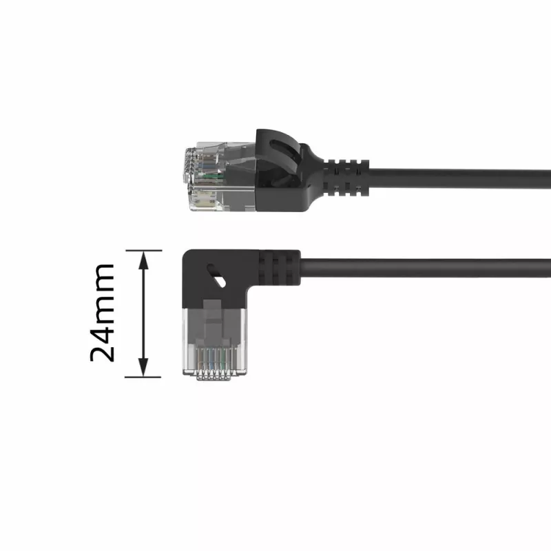 ACT Black 0,25 m U/UTP CAT6A LSZH plonas pataisos laidas su RJ45 jungtimis 90° kampu dešinėn į tiesią