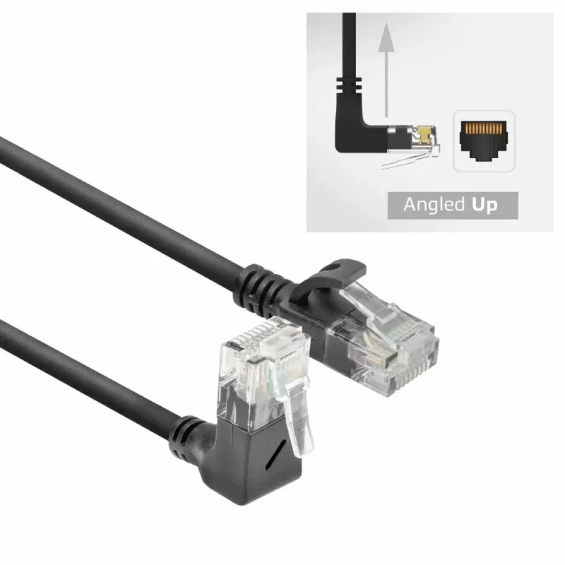 ACT Black 0,25 m U/UTP CAT6A LSZH plonas jungiamasis kabelis su RJ45 jungtimis 90° kampu į viršų į tiesų