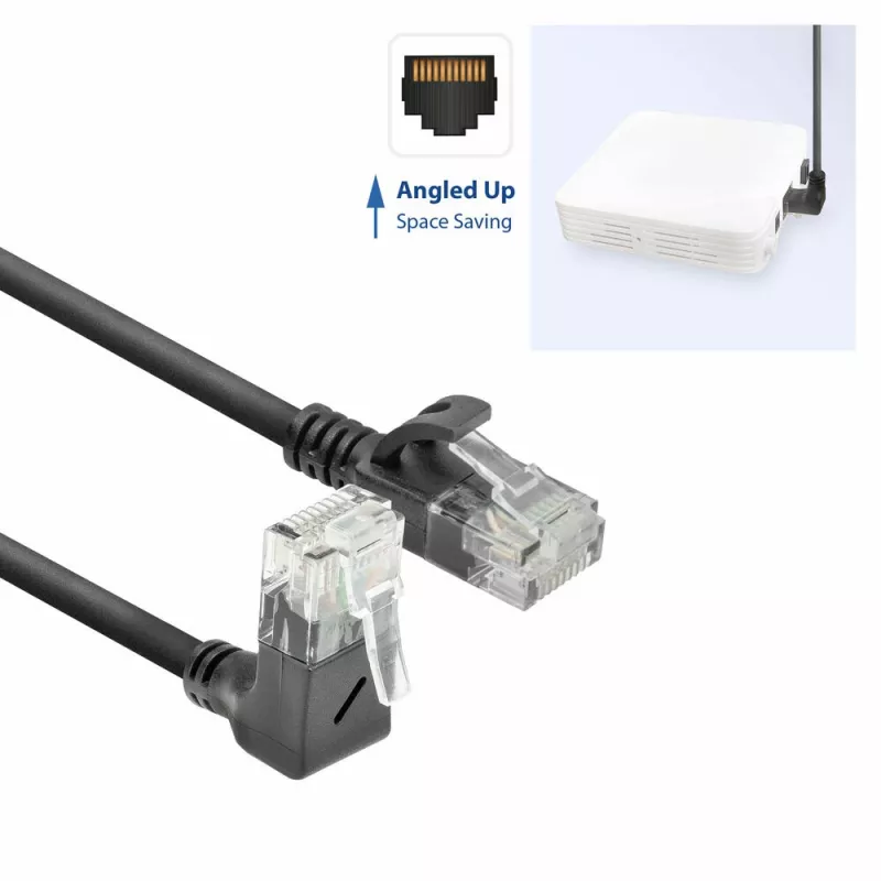 ACT Black 0,25 m U/UTP CAT6A LSZH plonas jungiamasis kabelis su RJ45 jungtimis 90° kampu į viršų į tiesų