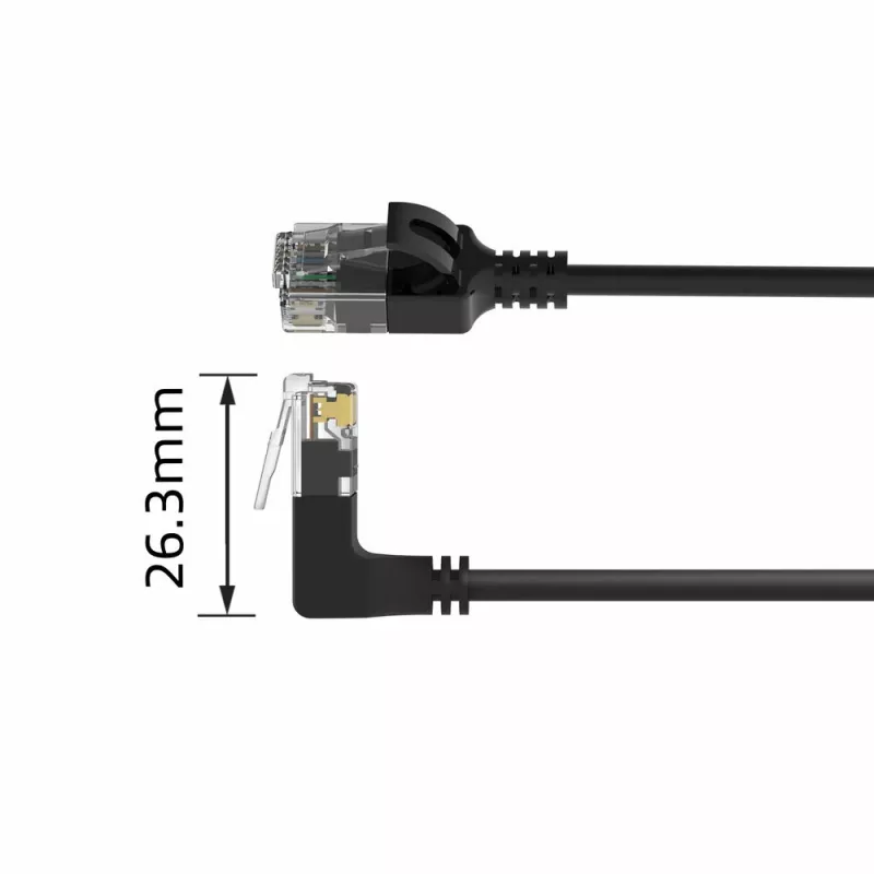 ACT Black 0,25 m U/UTP CAT6A LSZH plonas jungiamasis kabelis su RJ45 jungtimis 90° kampu į viršų į tiesų