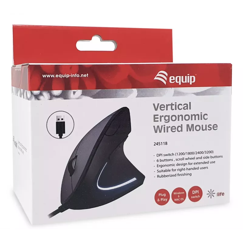 Equip 245118 vertikali ergonominė pelė, dešinei rankai, USB-A, optinė, 3200 DPI