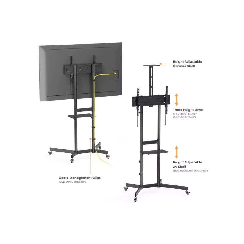 TV vežimėlis EQUIP 37–70 col. Economy, 70 kg, VESA 100x100–600x400, aukštis 1337–1430 mm, pakreipimas -10°–5°, juodas