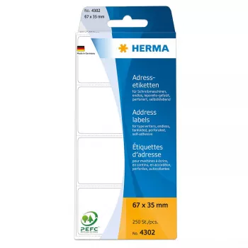 HERMA ištisinės sulankstomos adresų etiketės 67x37 mm balto popieriaus 250 vnt.