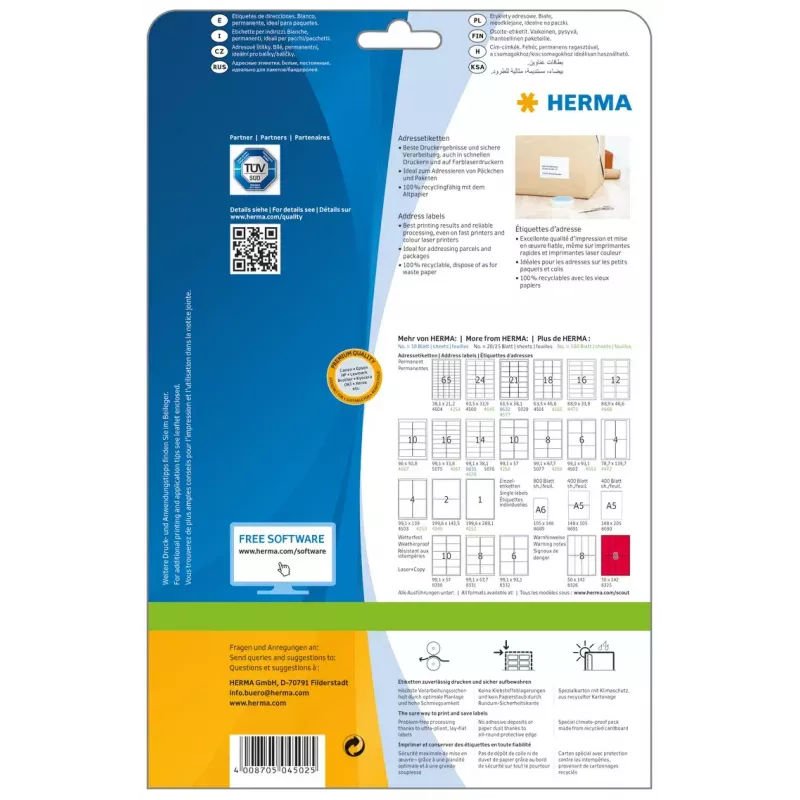 HERMA 4502 A4 adresų etiketės Premium 99,1x93,1 mm