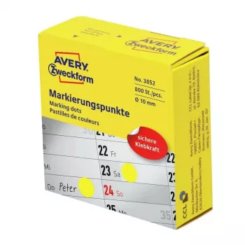 Lipnios apvalios etiketės Avery 3852, 1 cm skersmens, nuolatiniai klijai, 800 vnt., geltonos