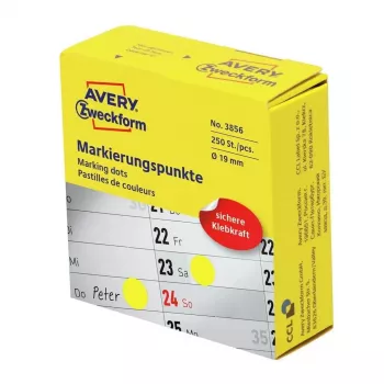 Lipnūs apvalūs etikečių rulonai Avery Zweckform 3856 — Geltoni, nuolatiniai klijai, 1,9 cm, 250 vnt.