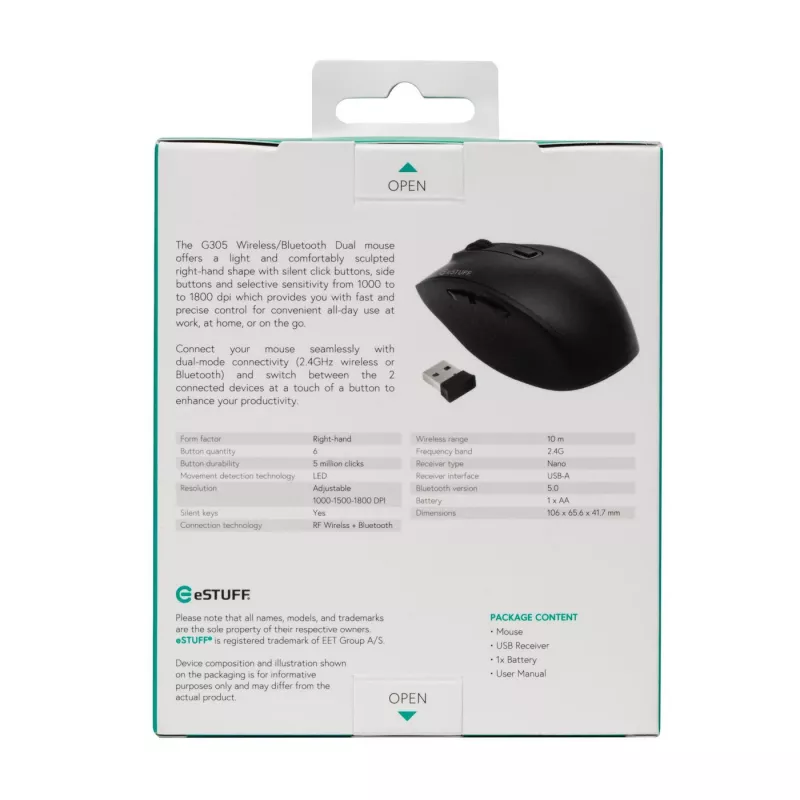 eSTUFF GLB214002 pelė biuro darbui, dešinei rankai, RF belaidė + Bluetooth, IR LED, 1800 DPI