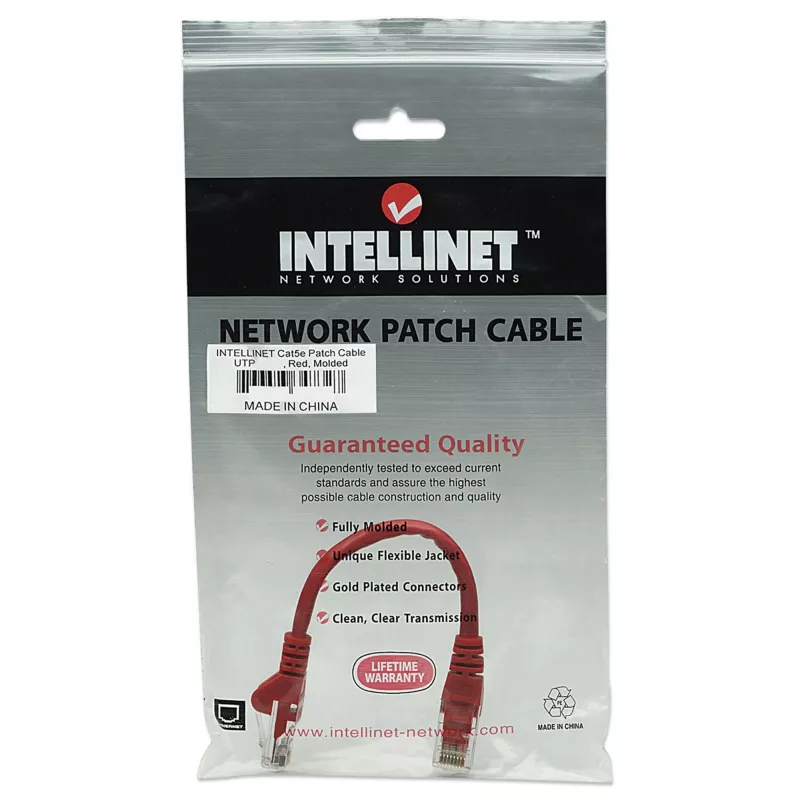 Intellinet tinklo jungiamasis kabelis Cat5e, 0,5 m, raudonas, CCA, U/UTP, PVC, RJ45, paauksuoti kontaktai, apsaugotas nuo užkliuvimo, su gaubtuku, viso gyvenimo garantija
