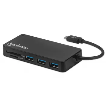 Manhattan USB-C centrinė stotelė su kortelių skaitytuvu, 3x USB-A, USB 3.2 Gen1, juoda