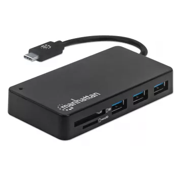 Manhattan USB-C centrinė stotelė su kortelių skaitytuvu, 3x USB-A, USB 3.2 Gen1, juoda