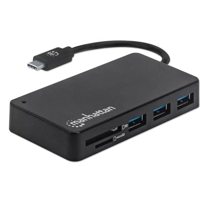 Manhattan USB-C centrinė stotelė su kortelių skaitytuvu, 3x USB-A, USB 3.2 Gen1, juoda