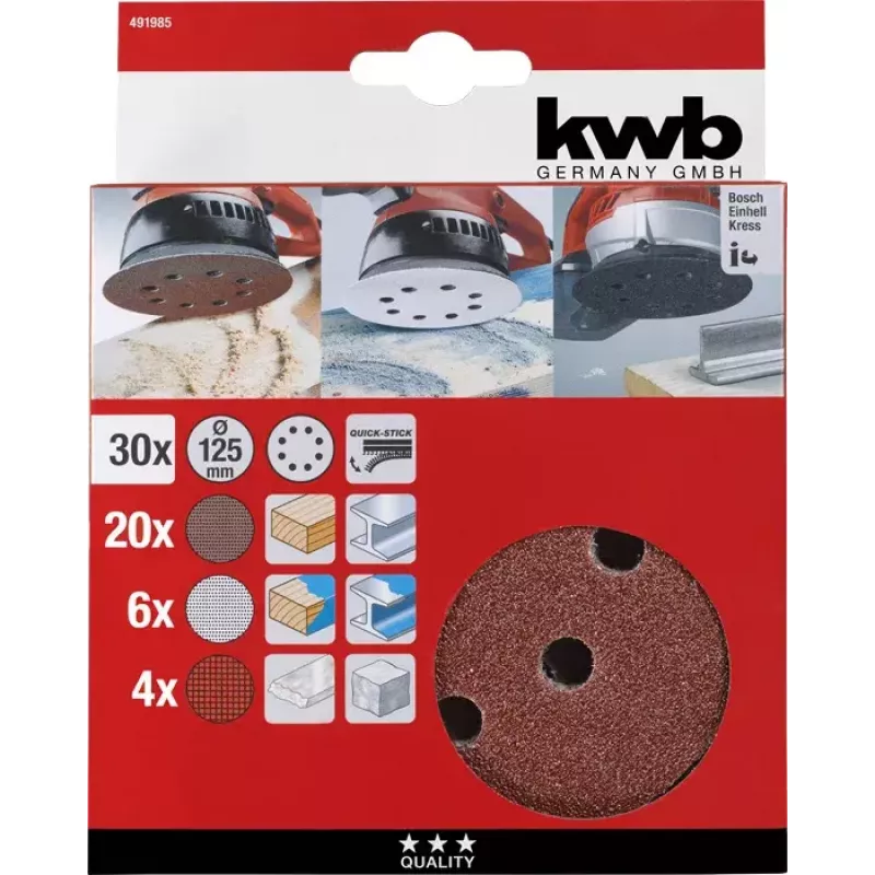 Šlifavimo diskų rinkinys kwb Quick-stick 30 vnt. 11,5 cm korundas