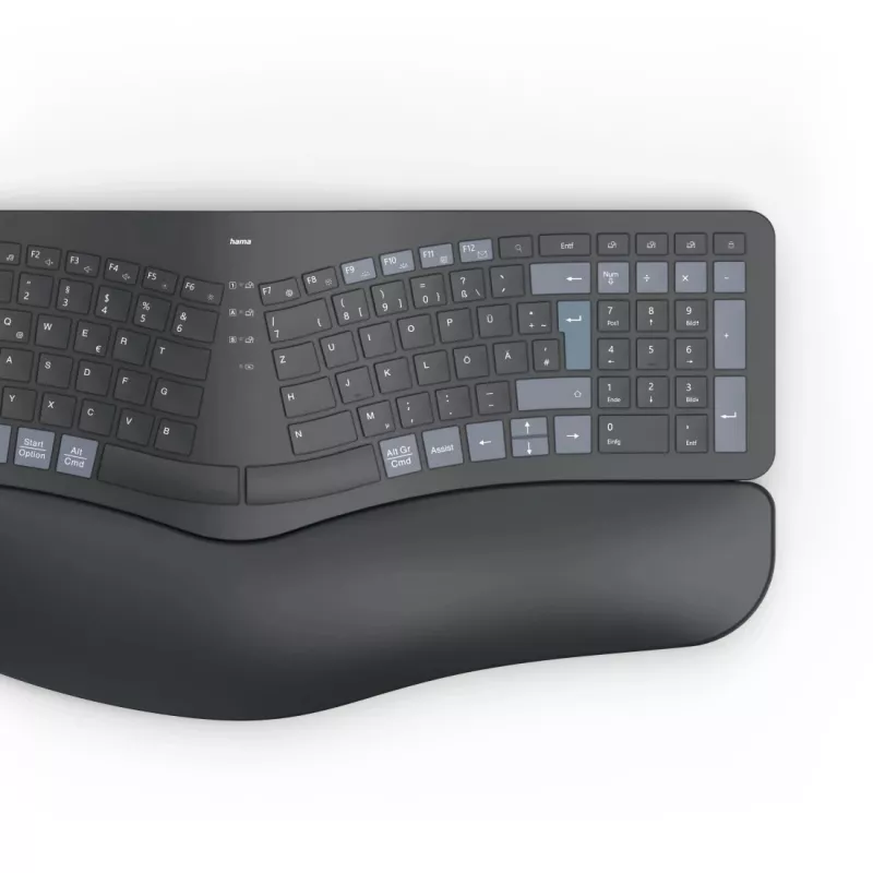 Hama WK-900 Ergo belaidė ergonominė klaviatūra RF Wireless + Bluetooth QWERTZ vokiškas išdėstymas Juoda, Mėlyna, Tamsiai Pilka