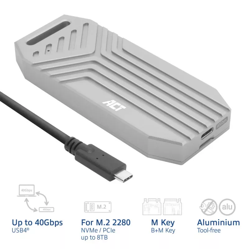 ACT USB 40Gbps M.2 2280 NVMe / PCIe SSD korpusas, be įrankių
