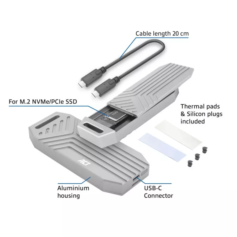 ACT USB 40Gbps M.2 2280 NVMe / PCIe SSD korpusas, be įrankių