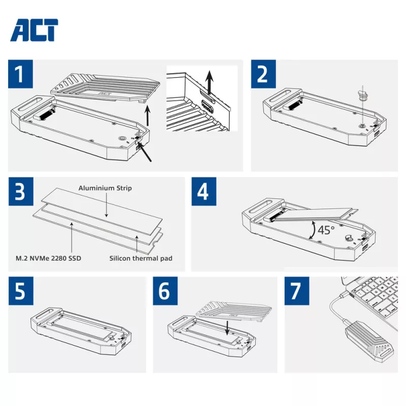 ACT USB 40Gbps M.2 2280 NVMe / PCIe SSD korpusas, be įrankių
