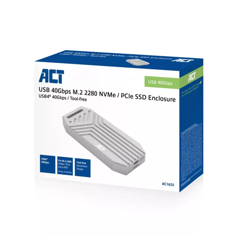 ACT USB 40Gbps M.2 2280 NVMe / PCIe SSD korpusas, be įrankių