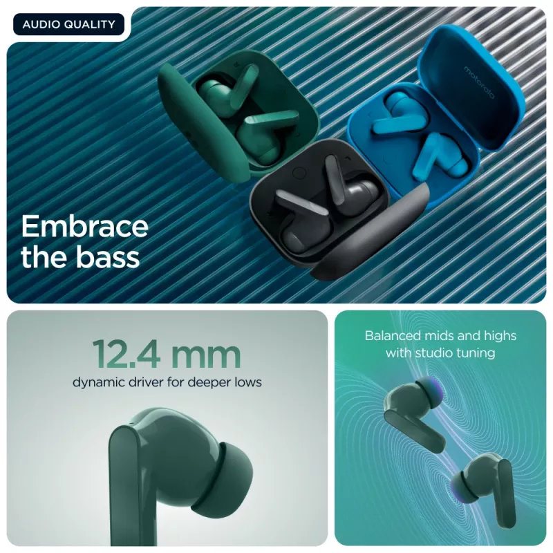 Motorola Moto Buds Bass belaidės ausinės TWS, gilus garsas, triukšmo slopinimas, žalios