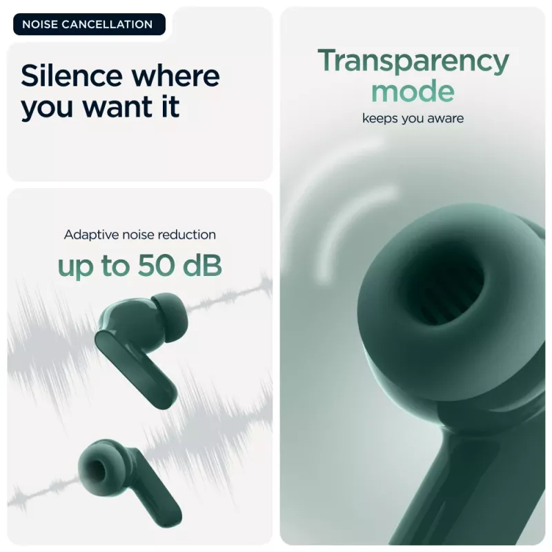 Motorola Moto Buds Bass belaidės ausinės TWS, gilus garsas, triukšmo slopinimas, žalios