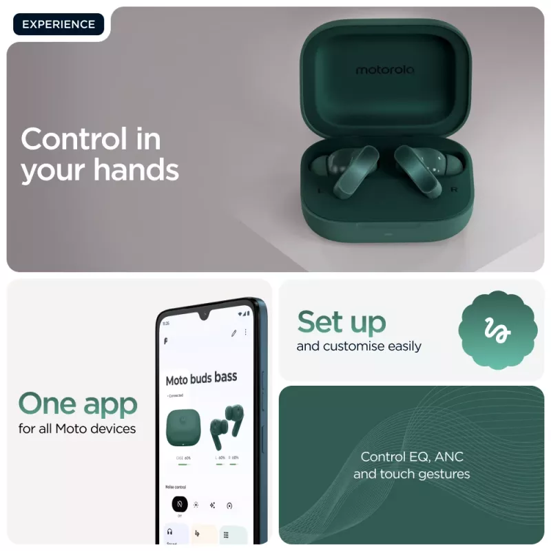 Motorola Moto Buds Bass belaidės ausinės TWS, gilus garsas, triukšmo slopinimas, žalios