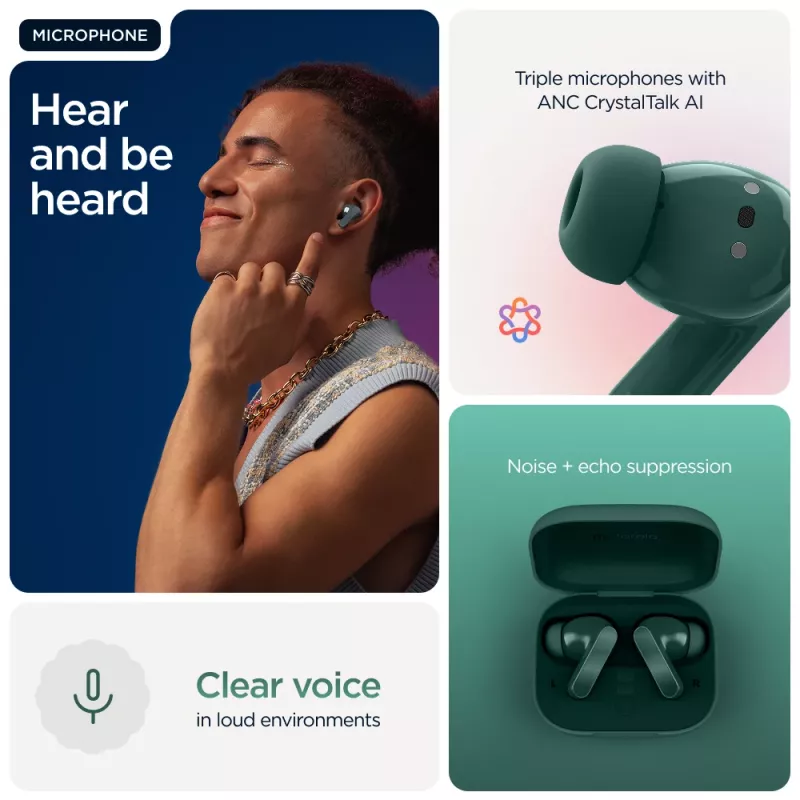 Motorola Moto Buds Bass belaidės ausinės TWS, gilus garsas, triukšmo slopinimas, žalios
