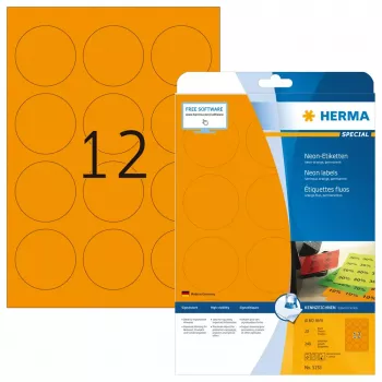 Lipnios etiketės spausdintuvui HERMA Neon A4 Ø 60 mm apvalios švytinčiai oranžinės