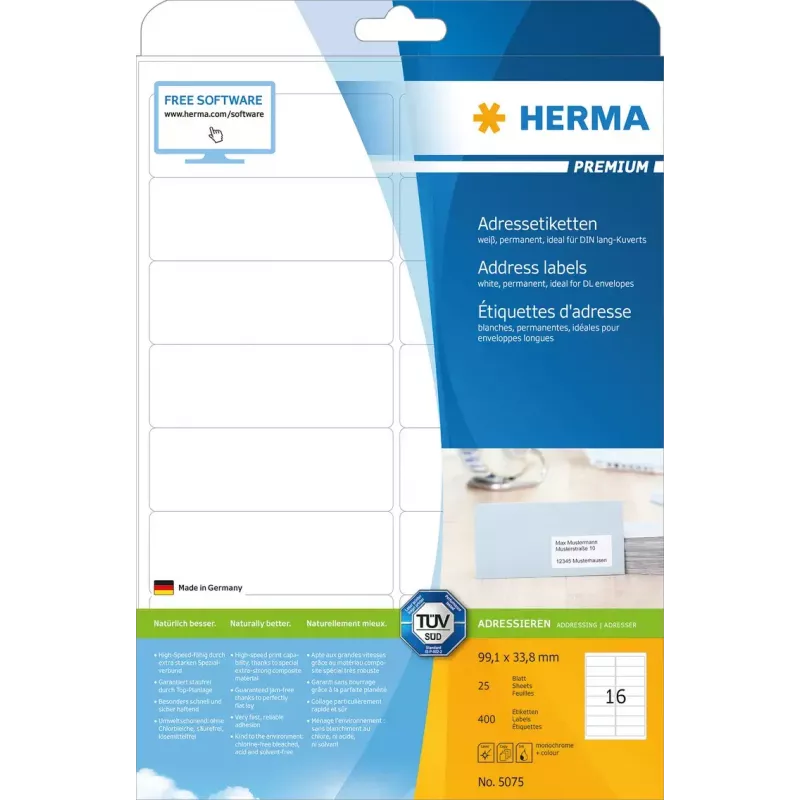 HERMA Premium adresų etiketės A4 99,1x33,8 mm 400 vnt.