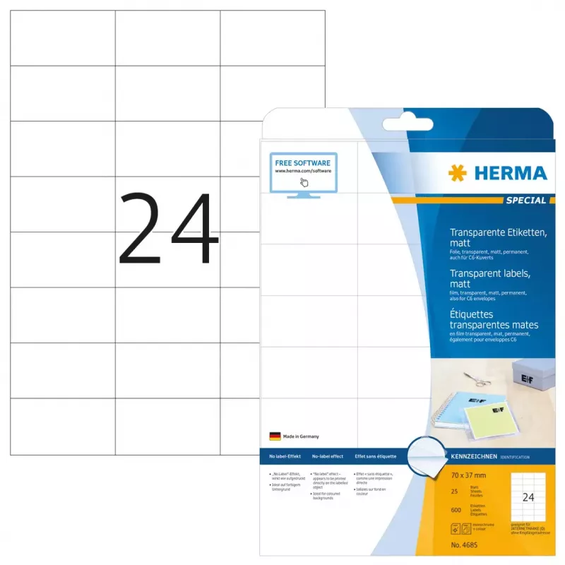 HERMA permatomi matiniai lipdukai A4 70x37 mm 600 vnt.