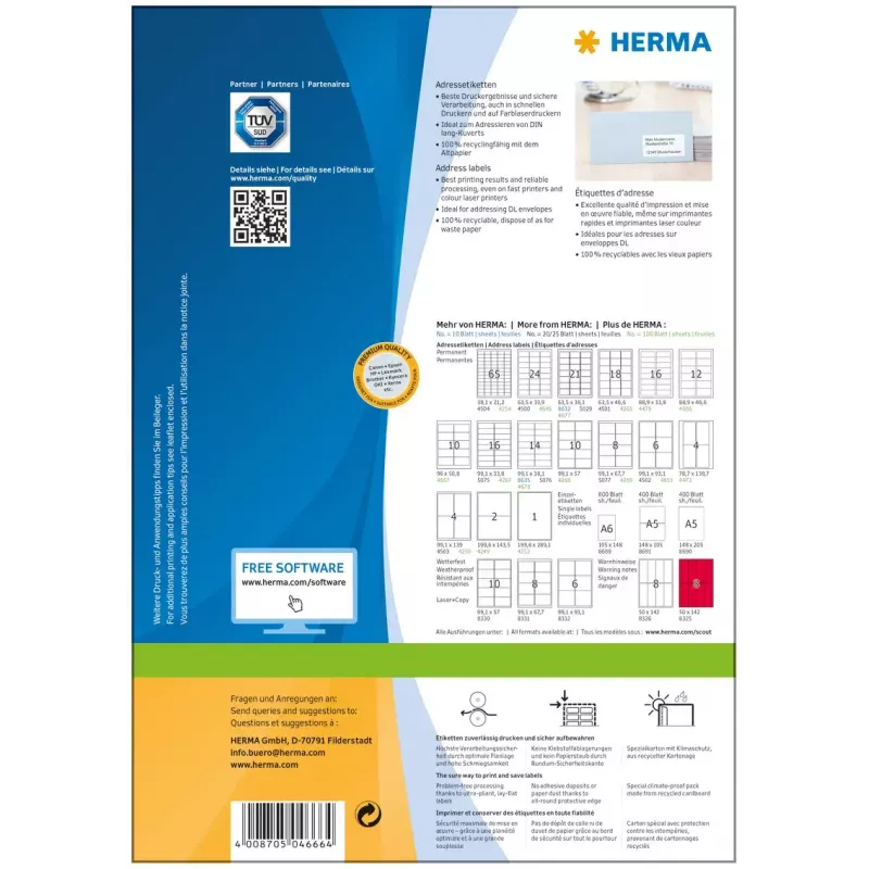 HERMA Premium adresų etiketės A4 88,9x46,6 mm 1200 vnt.