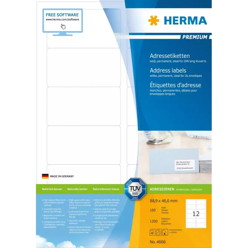 HERMA Premium adresų etiketės A4 88,9x46,6 mm 1200 vnt.